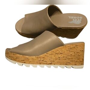 Sorel Cameron Leather Wedge Mule Taupe Slip On Sandals